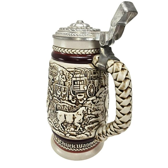 Vintage Avon Beer Stein Cattle Drive Chuck Wagon Scene Pewter Lid JE380 - Picture 7 of 9